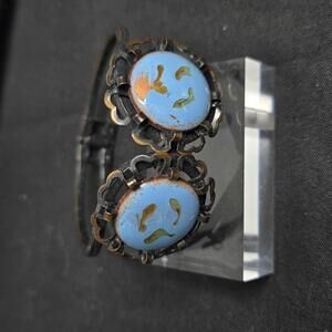 Vintage Blue Art Glass Bracelet Hinged Bangle Floral Copper Tone Retro Boho